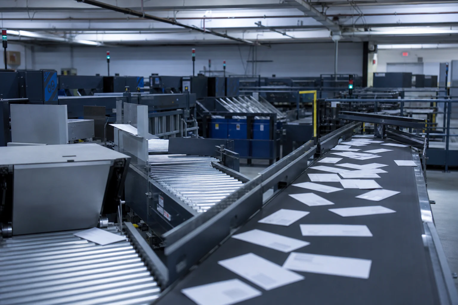 Envelopes moving through the conveyors and sorting machinery of an automated mail-processing facility