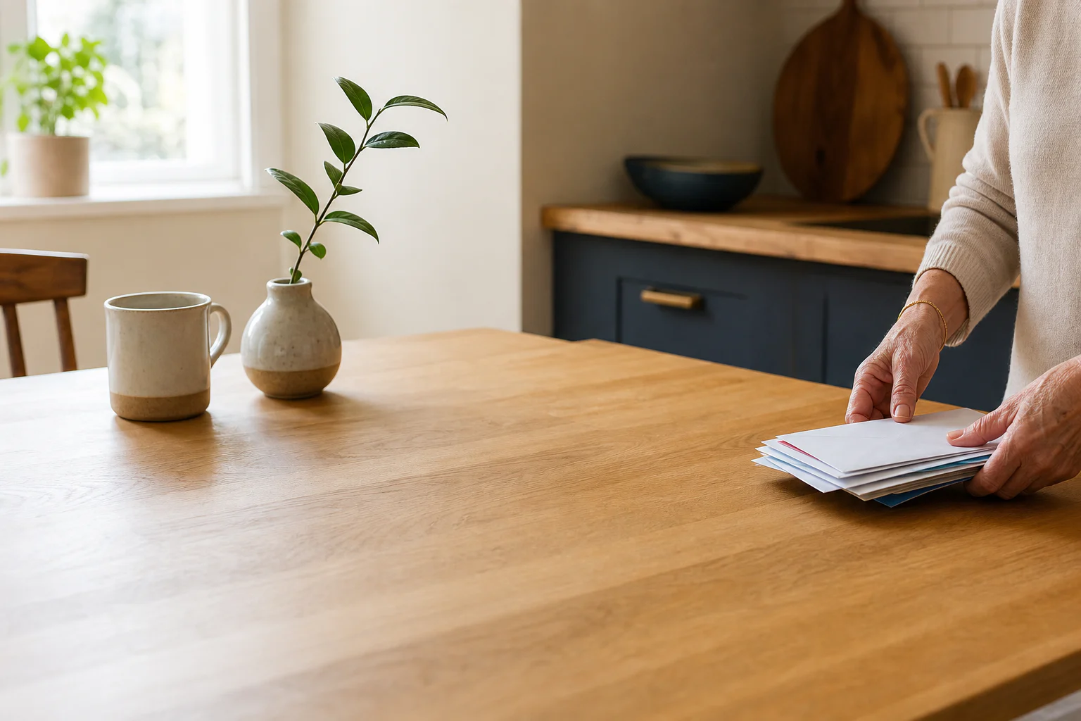An older woman's hands moving the final small bundle of mail from a broad, clear kitchen table in morning light