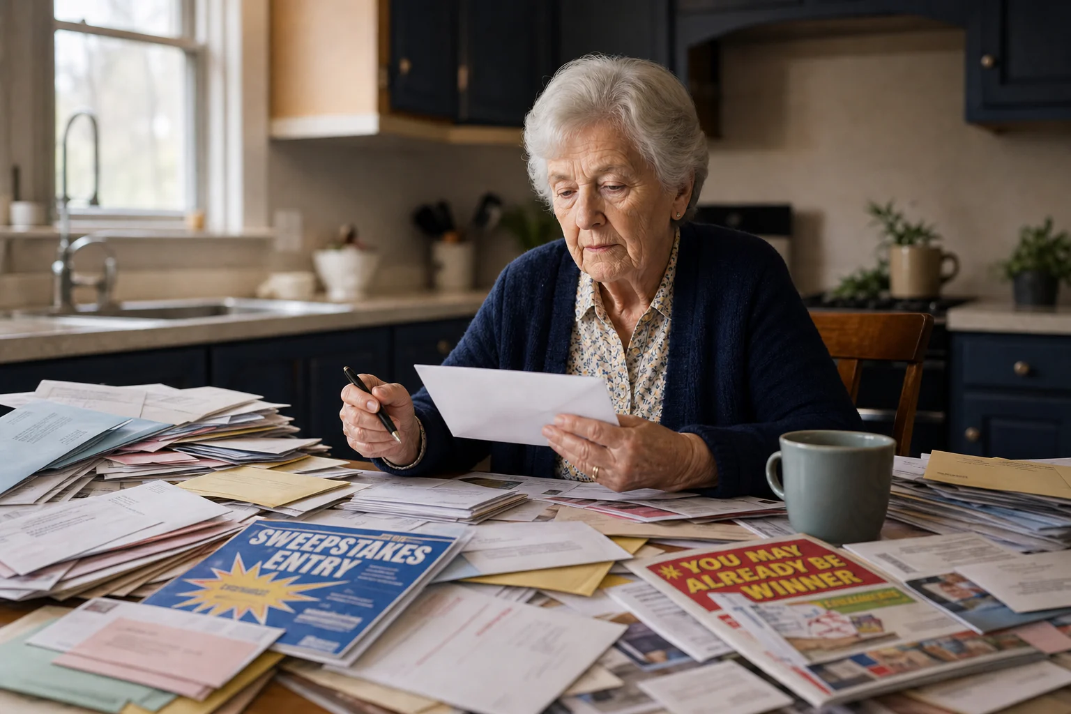 A dignified older woman carefully reading amid an overwhelming spread of colorful envelopes, sweepstakes pieces, and magazines
