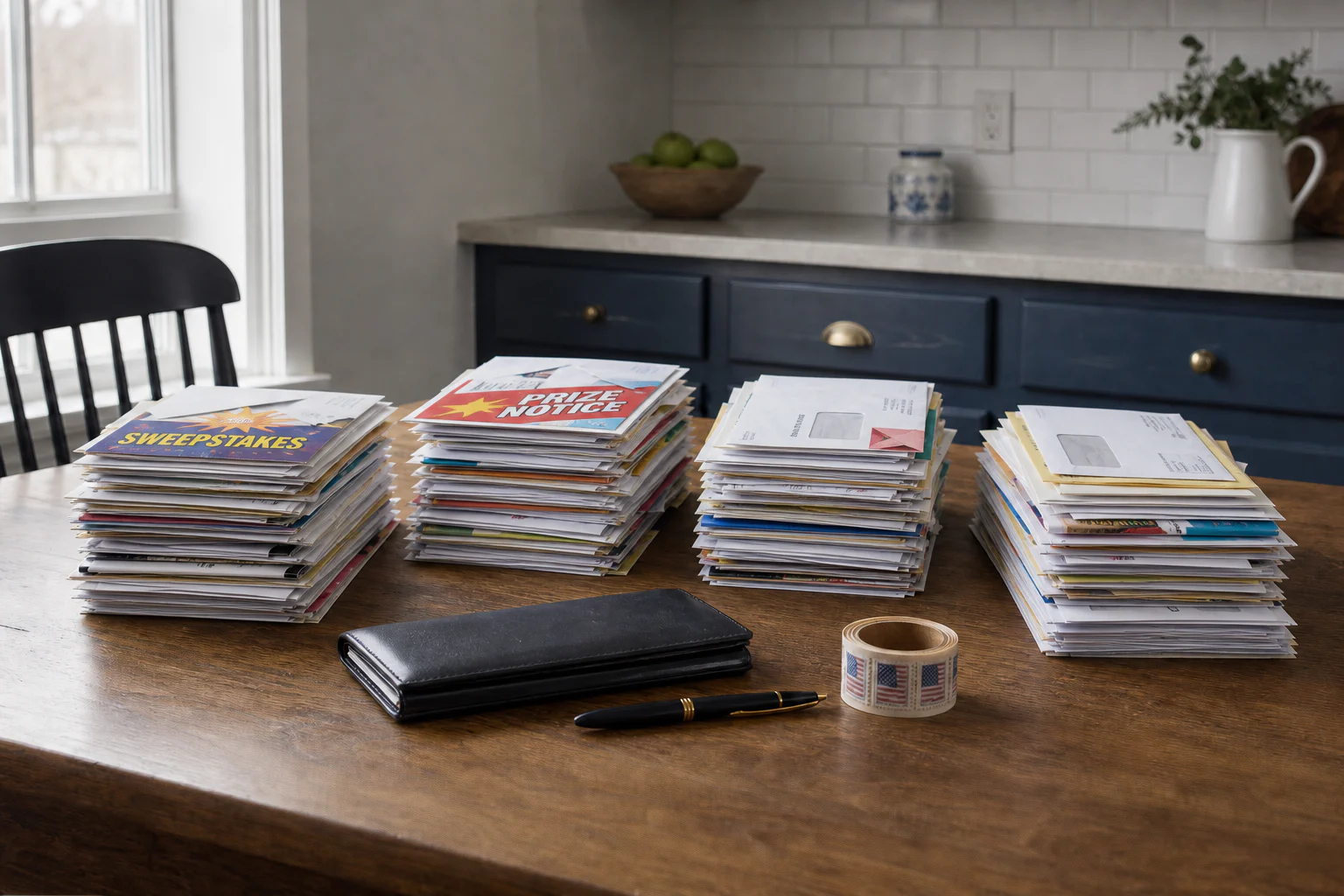 A year's varied direct mail, including colored envelopes and sweepstakes pieces, arranged in measured stacks beside a checkbook, pen, and stamps