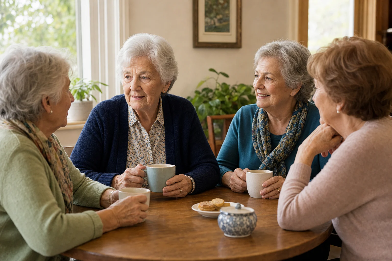 The same older woman enjoying coffee and easy conversation with three friends around a clear table