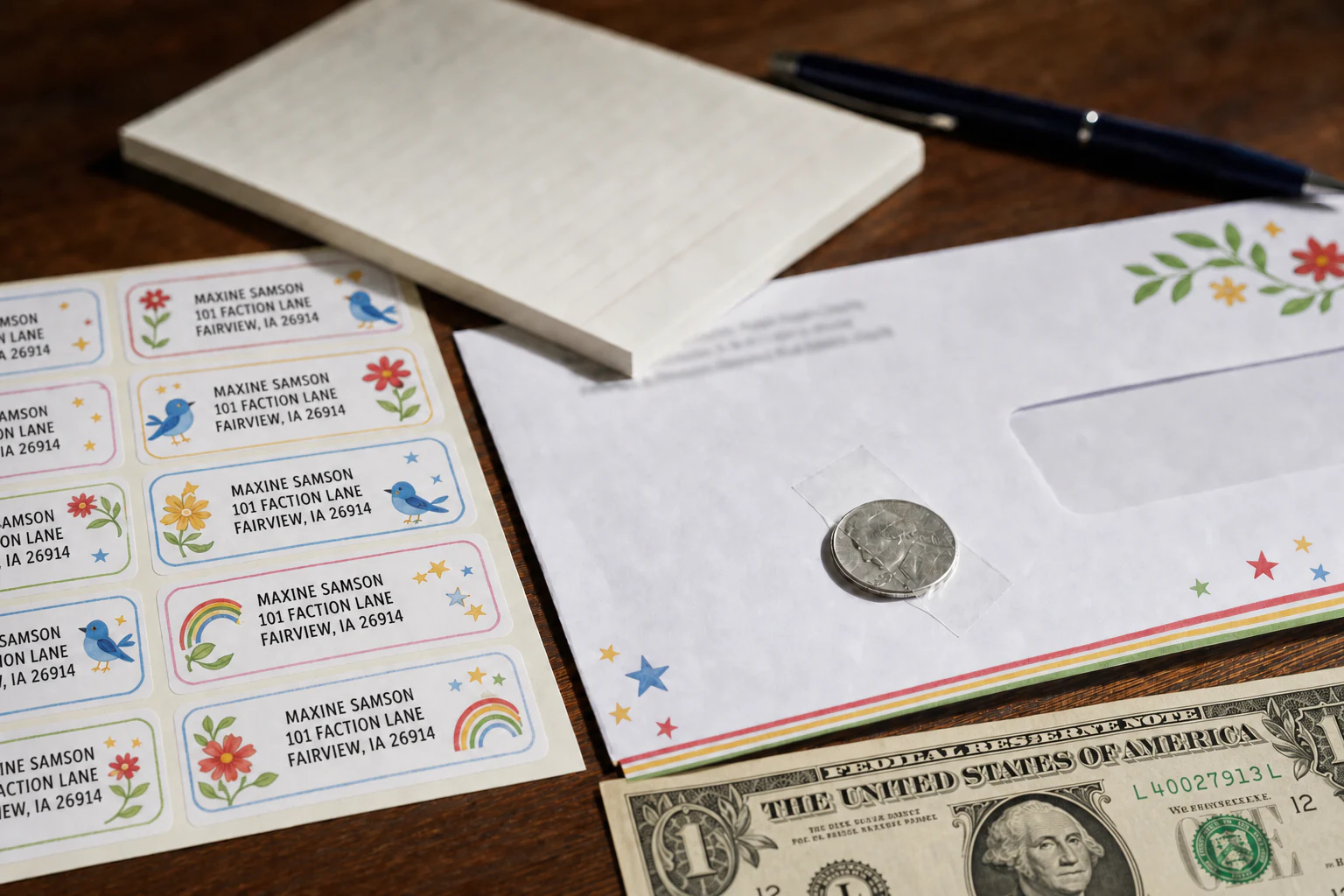 A nickel taped to a colorful anonymous solicitation beside one dollar and decorative address labels for the fictional Maxine Samson